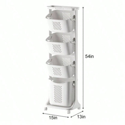 4 - Tier Laundry Hamper Sorter, Laundry Storage Organizer with Wheels Removable Rolling Laundry Baskets, Bathroom Cart Dirty Clothes, White