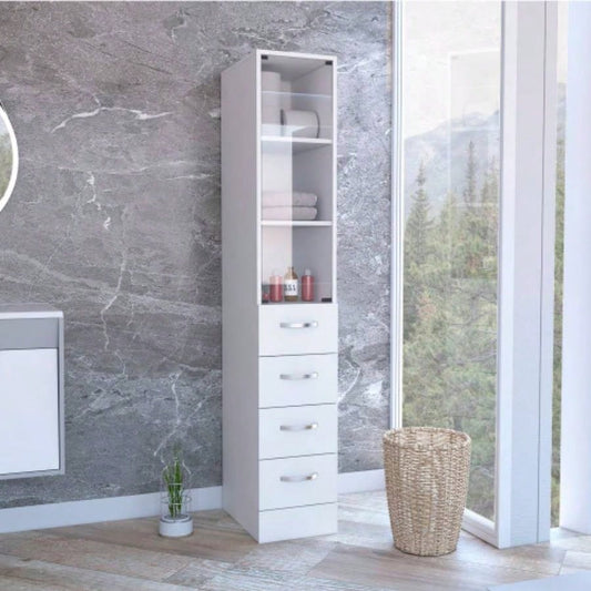 Linen Cabinet 68 H, Three Shelves, Four Drawers and Metal handles, White