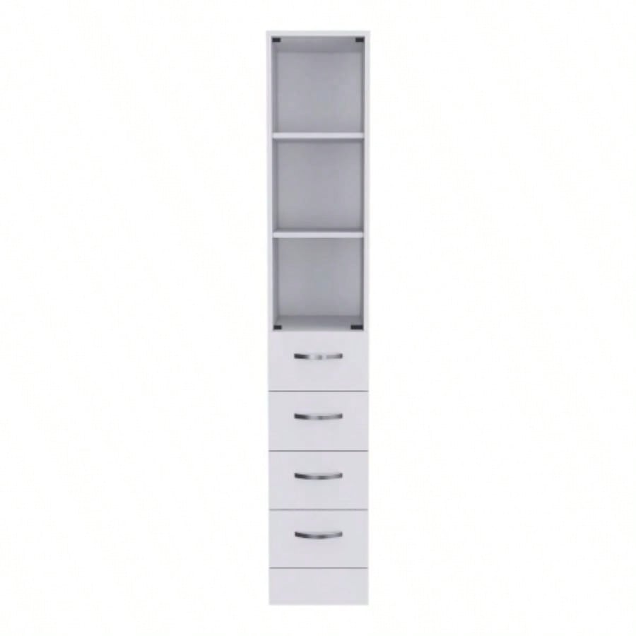 Linen Cabinet 68 H, Three Shelves, Four Drawers and Metal handles, White