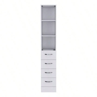 Linen Cabinet 68 H, Three Shelves, Four Drawers and Metal handles, White
