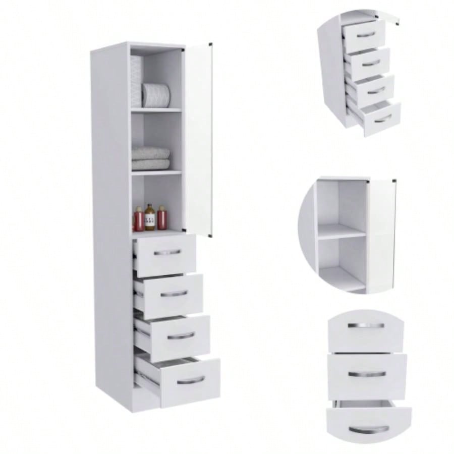 Linen Cabinet 68 H, Three Shelves, Four Drawers and Metal handles, White