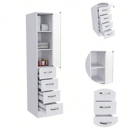 Linen Cabinet 68 H, Three Shelves, Four Drawers and Metal handles, White