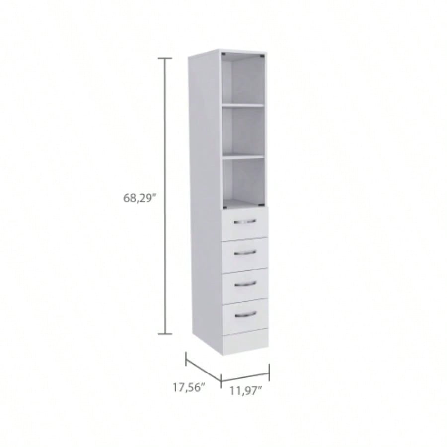Linen Cabinet 68 H, Three Shelves, Four Drawers and Metal handles, White