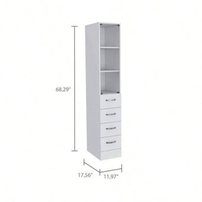 Linen Cabinet 68 H, Three Shelves, Four Drawers and Metal handles, White