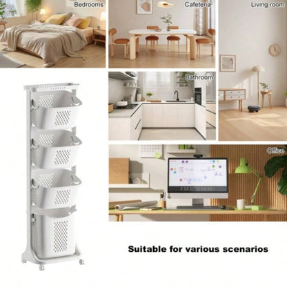 4 - Tier Laundry Hamper Sorter, Laundry Storage Organizer with Wheels Removable Rolling Laundry Baskets, Bathroom Cart Dirty Clothes, White