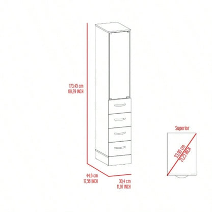 Linen Cabinet 68 H, Three Shelves, Four Drawers and Metal handles, White
