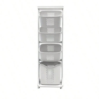 4 - Tier Laundry Hamper Sorter, Laundry Storage Organizer with Wheels Removable Rolling Laundry Baskets, Bathroom Cart Dirty Clothes, White