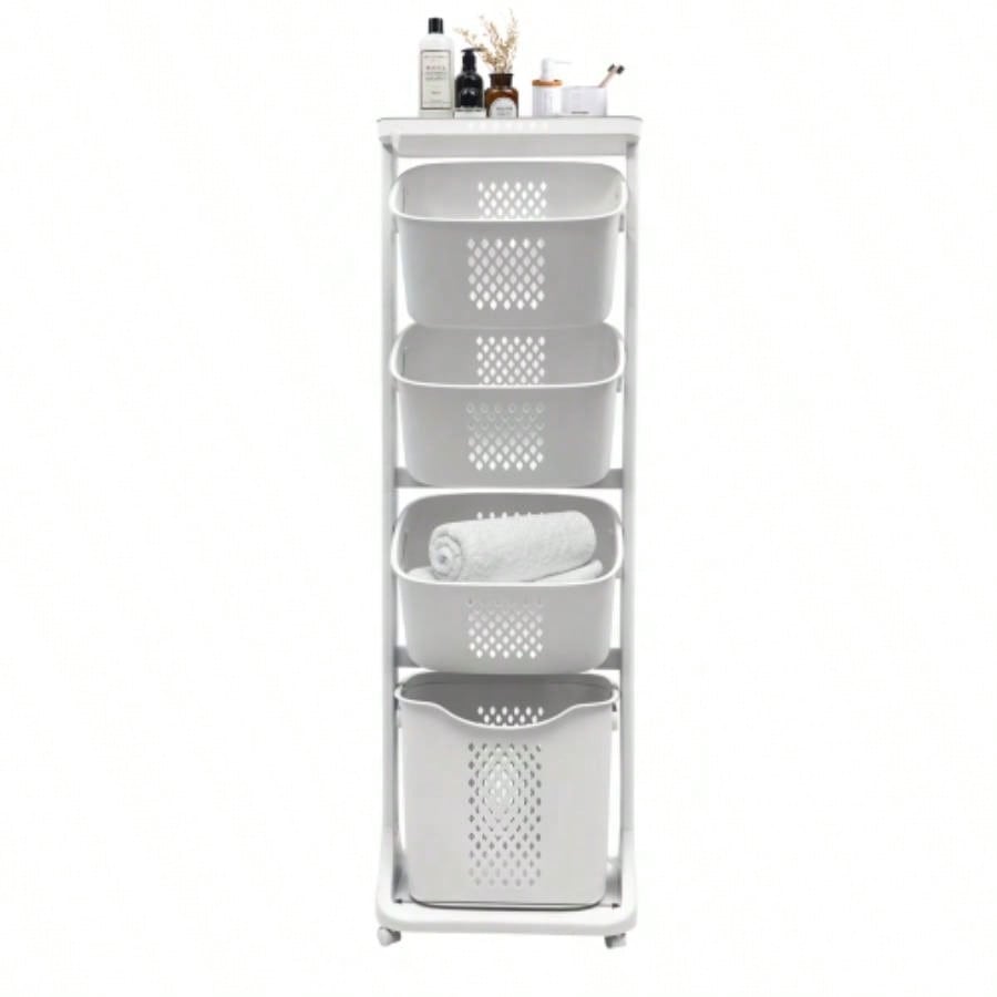 4 - Tier Laundry Hamper Sorter, Laundry Storage Organizer with Wheels Removable Rolling Laundry Baskets, Bathroom Cart Dirty Clothes, White