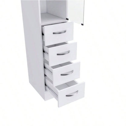 Linen Cabinet 68 H, Three Shelves, Four Drawers and Metal handles, White