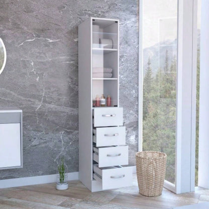 Linen Cabinet 68 H, Three Shelves, Four Drawers and Metal handles, White
