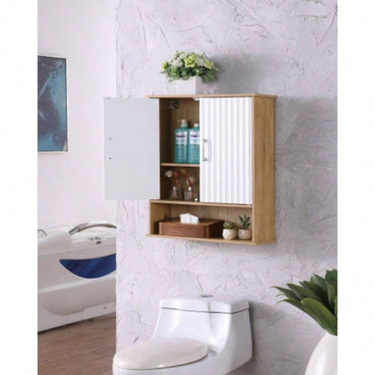 Bathroom Wall Cabinet with Double - Door, Bottom Shelf, Wavy - Patterned Doors, Adjustable Inner Shelf, Easy Installation, White Natural Wood