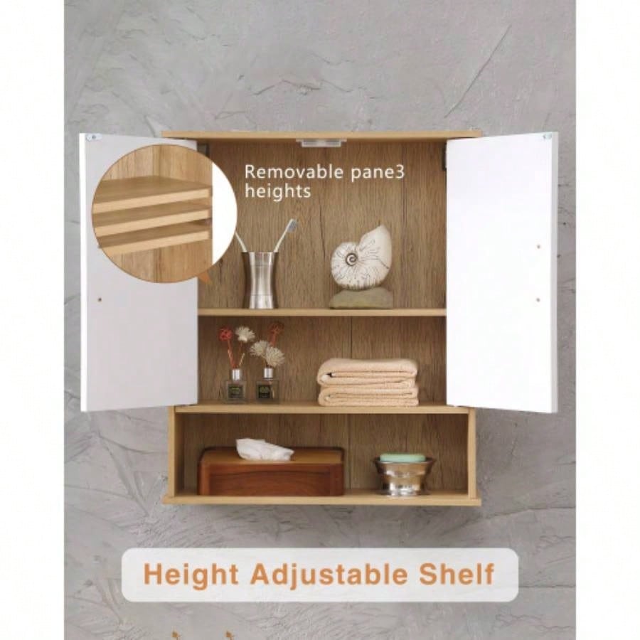 Bathroom Wall Cabinet with Double - Door, Bottom Shelf, Wavy - Patterned Doors, Adjustable Inner Shelf, Easy Installation, White Natural Wood