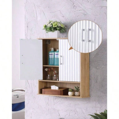 Bathroom Wall Cabinet with Double - Door, Bottom Shelf, Wavy - Patterned Doors, Adjustable Inner Shelf, Easy Installation, White Natural Wood