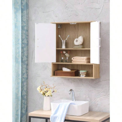 Bathroom Wall Cabinet with Double - Door, Bottom Shelf, Wavy - Patterned Doors, Adjustable Inner Shelf, Easy Installation, White Natural Wood