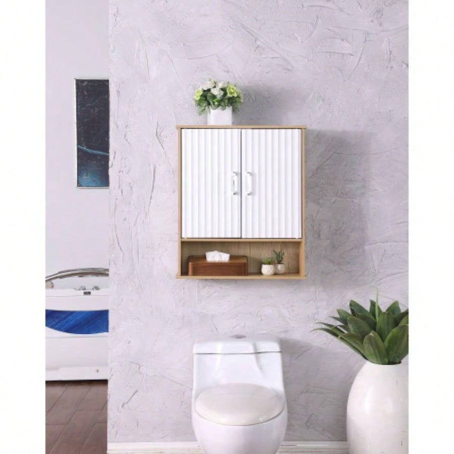 Bathroom Wall Cabinet with Double - Door, Bottom Shelf, Wavy - Patterned Doors, Adjustable Inner Shelf, Easy Installation, White Natural Wood