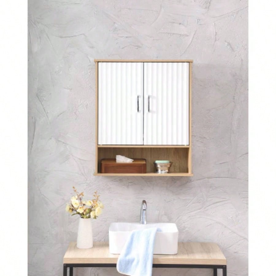 Bathroom Wall Cabinet with Double - Door, Bottom Shelf, Wavy - Patterned Doors, Adjustable Inner Shelf, Easy Installation, White Natural Wood