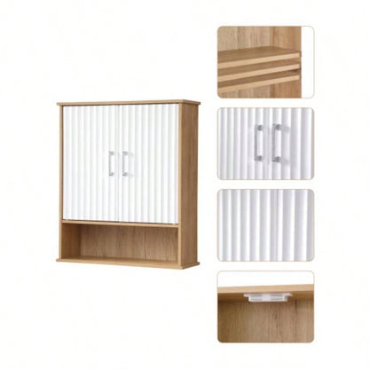Bathroom Wall Cabinet with Double - Door, Bottom Shelf, Wavy - Patterned Doors, Adjustable Inner Shelf, Easy Installation, White Natural Wood