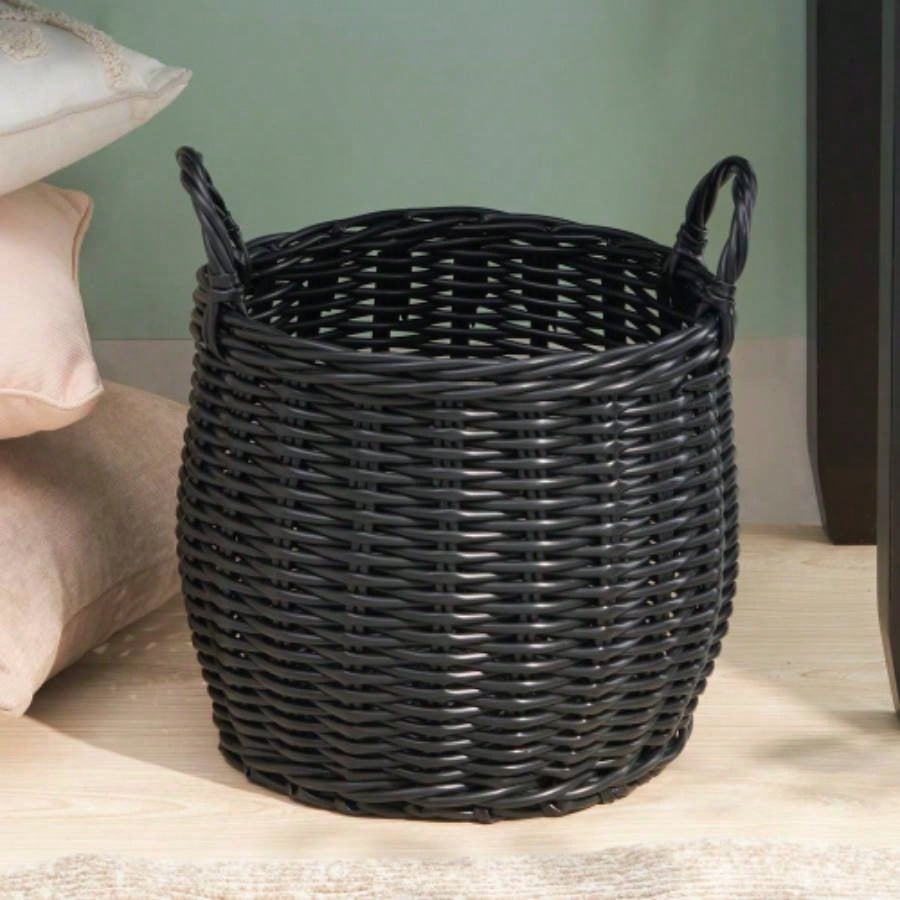Lucius Round Resin Woven Wicker Basket with Handles - 13x 13x 10.2 - Black - Clothes, Towels, Toys, Magazines Storage and Home Decoration