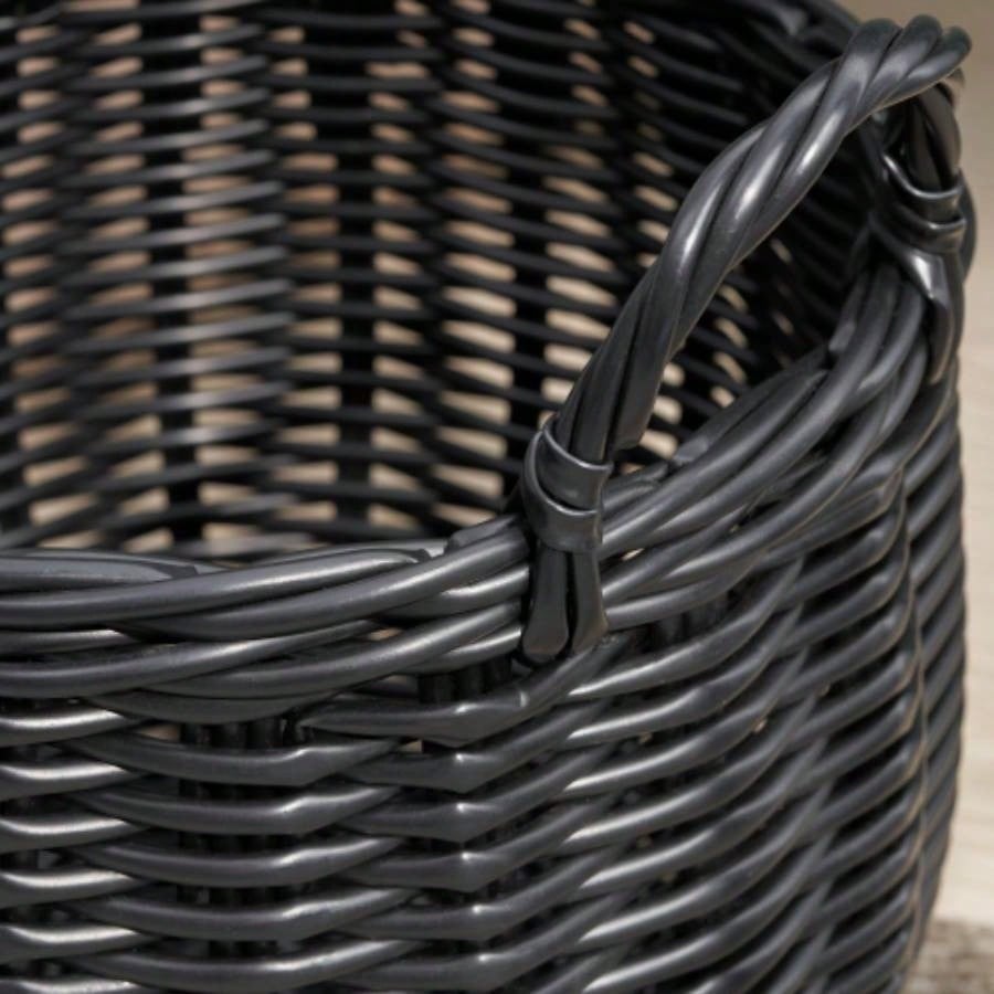 Lucius Round Resin Woven Wicker Basket with Handles - 13x 13x 10.2 - Black - Clothes, Towels, Toys, Magazines Storage and Home Decoration