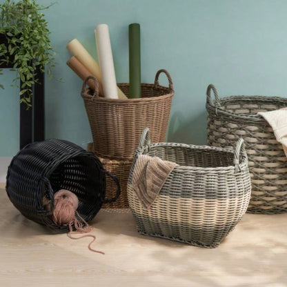 Lucius Round Resin Woven Wicker Basket with Handles - 13x 13x 10.2 - Black - Clothes, Towels, Toys, Magazines Storage and Home Decoration