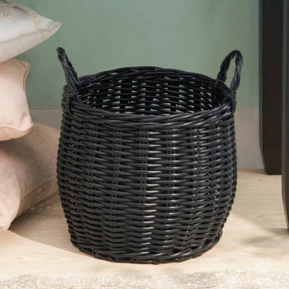 Lucius Round Resin Woven Wicker Basket with Handles - 13x 13x 10.2 - Black - Clothes, Towels, Toys, Magazines Storage and Home Decoration