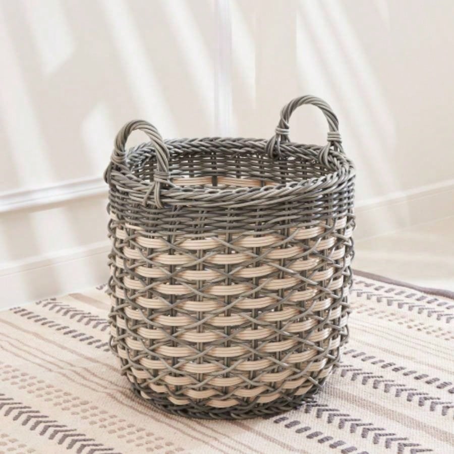 Lucius Round Resin Woven Wicker Basket with Handles - 13x 13x 10.2 - Black - Clothes, Towels, Toys, Magazines Storage and Home Decoration