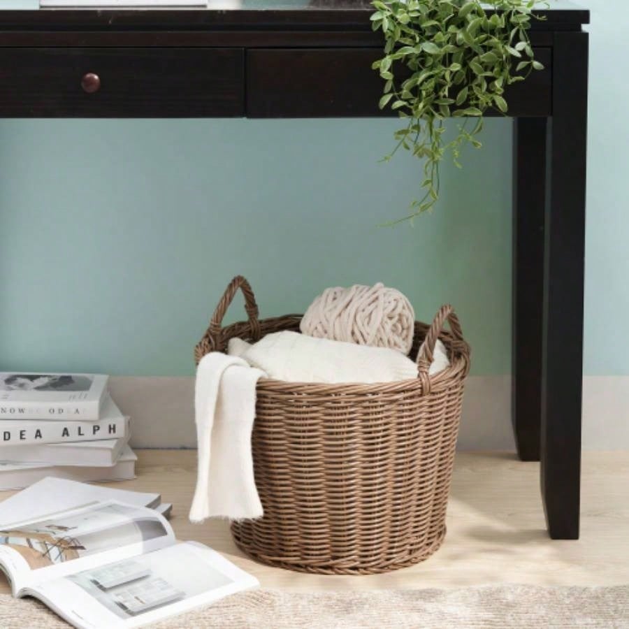 Lucius Round Resin Woven Wicker Basket with Handles - 13x 13x 10.2 - Black - Clothes, Towels, Toys, Magazines Storage and Home Decoration