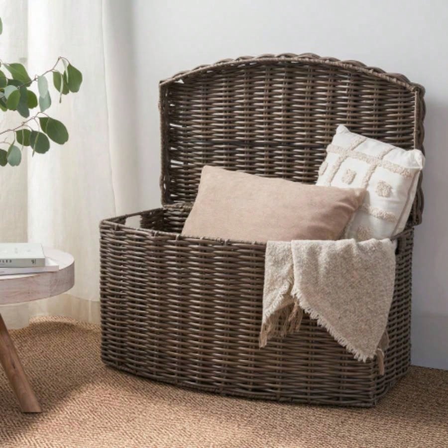 Lucius Round Resin Woven Wicker Basket with Handles - 13x 13x 10.2 - Black - Clothes, Towels, Toys, Magazines Storage and Home Decoration