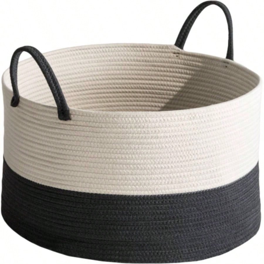 Lucius Round Resin Woven Wicker Basket with Handles - 13x 13x 10.2 - Black - Clothes, Towels, Toys, Magazines Storage and Home Decoration