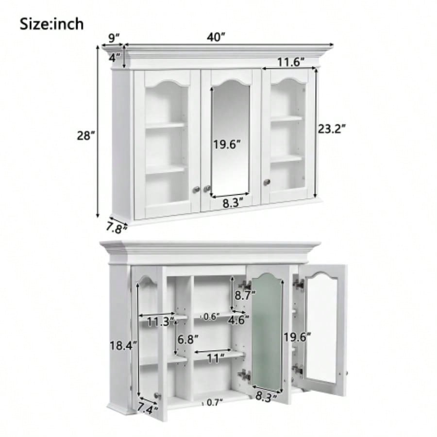 40 Medicine Cabinet with Mirror, Bathroom Storage Cabinet with Mirror Door and Shelves, Wall Mounted Bathroom Cabinet with Glass Doors