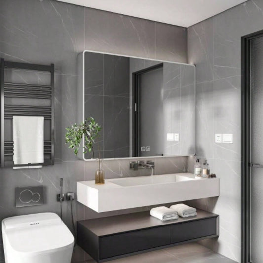 Aluminium Medicine Cabinet Mirror, 35x 28 Inches Medicine Cabinet with 3 Colors LED Light and Defogging Function, Bathroom Mirror Cabinet with Cosmetic Storage Rack and Hair Dryer Holder,