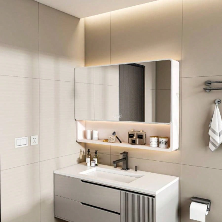 Aluminium Medicine Cabinet Mirror, 35x 28 Inches Medicine Cabinet with 3 Colors LED Light and Defogging Function, Bathroom Mirror Cabinet with Cosmetic Storage Rack and Hair Dryer Holder, khaki