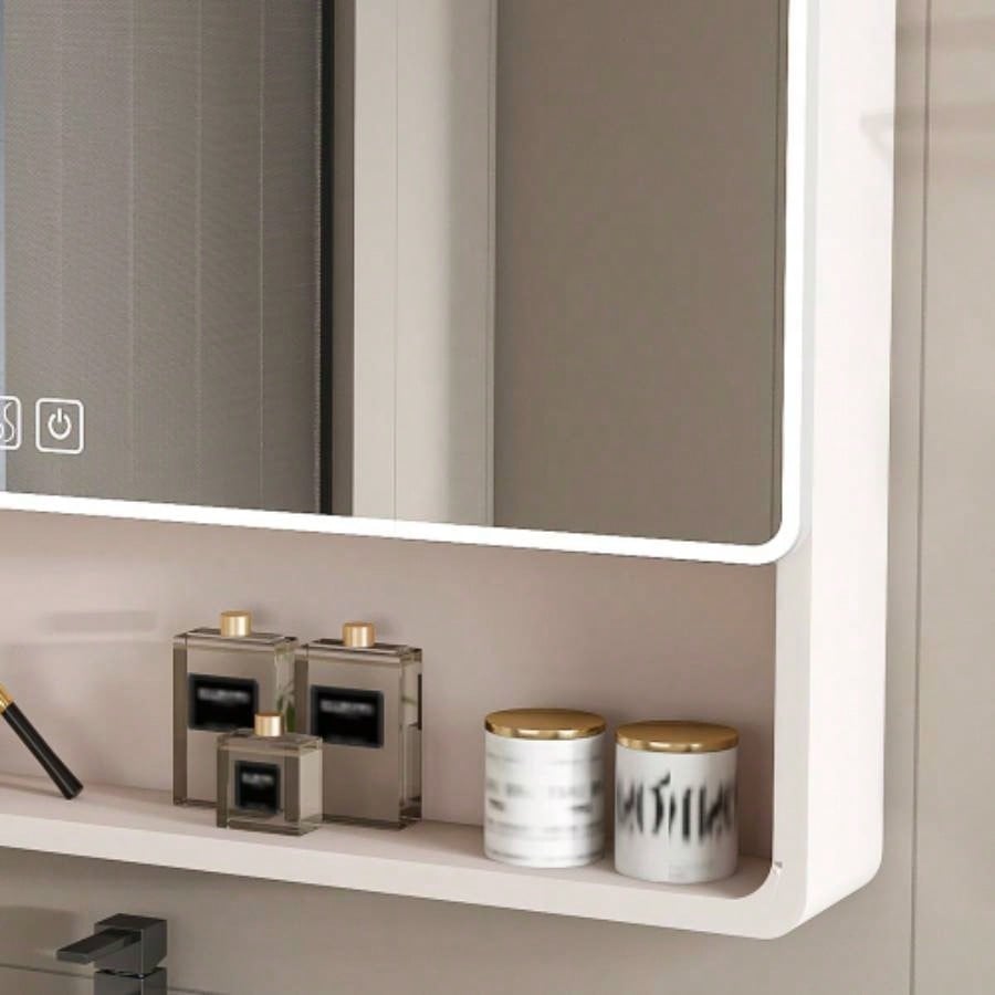 Aluminium Medicine Cabinet Mirror, 35x 28 Inches Medicine Cabinet with 3 Colors LED Light and Defogging Function, Bathroom Mirror Cabinet with Cosmetic Storage Rack and Hair Dryer Holder, khaki