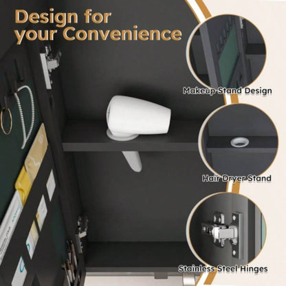Aluminium Medicine Cabinet Mirror, 35x 28 Inches Medicine Cabinet with 3 Colors LED Light and Defogging Function, Bathroom Mirror Cabinet with Cosmetic Storage Rack and Hair Dryer Holder,