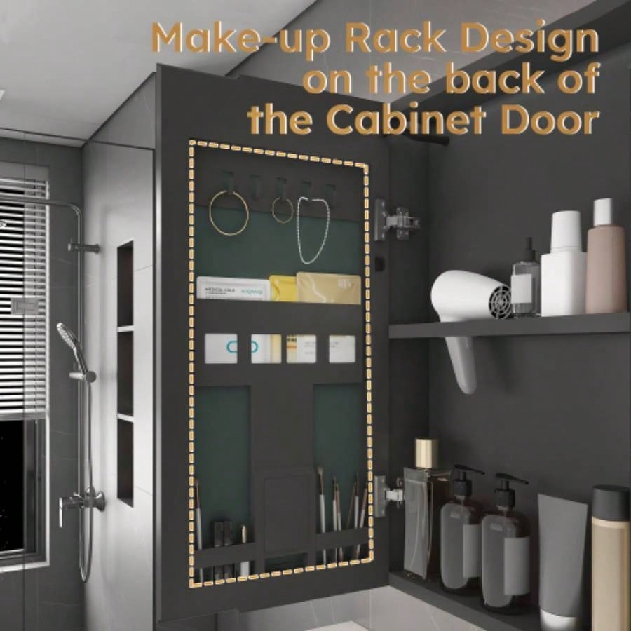 Aluminium Medicine Cabinet Mirror, 35x 28 Inches Medicine Cabinet with 3 Colors LED Light and Defogging Function, Bathroom Mirror Cabinet with Cosmetic Storage Rack and Hair Dryer Holder,