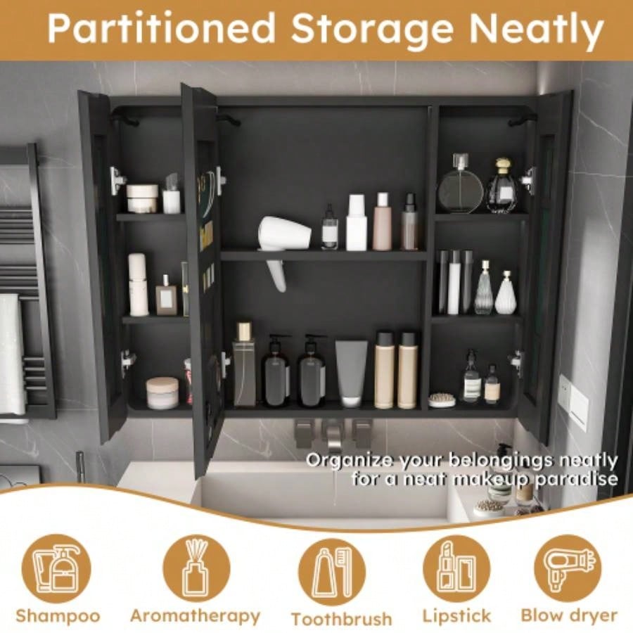 Aluminium Medicine Cabinet Mirror, 35x 28 Inches Medicine Cabinet with 3 Colors LED Light and Defogging Function, Bathroom Mirror Cabinet with Cosmetic Storage Rack and Hair Dryer Holder,