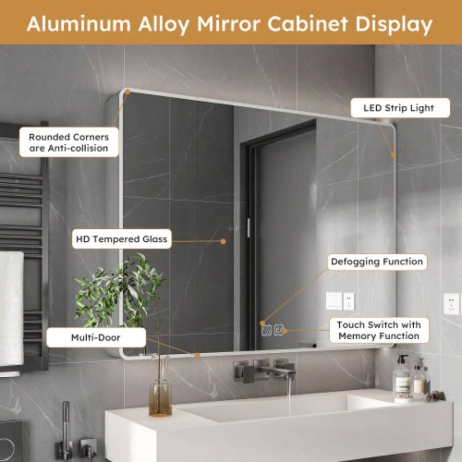 Aluminium Medicine Cabinet Mirror, 35x 28 Inches Medicine Cabinet with 3 Colors LED Light and Defogging Function, Bathroom Mirror Cabinet with Cosmetic Storage Rack and Hair Dryer Holder,