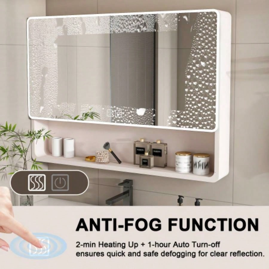 Aluminium Medicine Cabinet Mirror, 35x 28 Inches Medicine Cabinet with 3 Colors LED Light and Defogging Function, Bathroom Mirror Cabinet with Cosmetic Storage Rack and Hair Dryer Holder, khaki