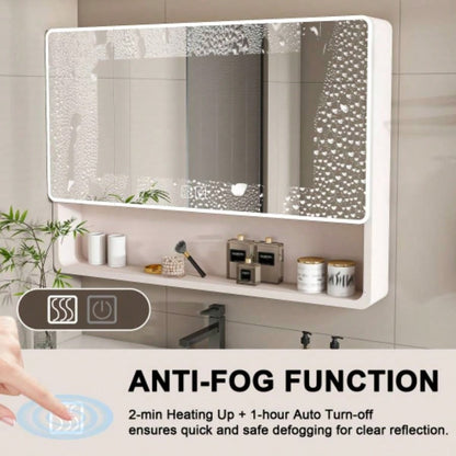 Aluminium Medicine Cabinet Mirror, 35x 28 Inches Medicine Cabinet with 3 Colors LED Light and Defogging Function, Bathroom Mirror Cabinet with Cosmetic Storage Rack and Hair Dryer Holder, khaki