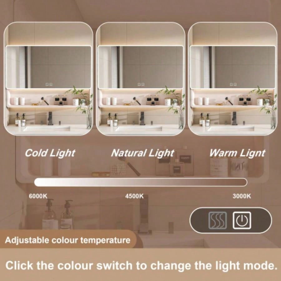 Aluminium Medicine Cabinet Mirror, 35x 28 Inches Medicine Cabinet with 3 Colors LED Light and Defogging Function, Bathroom Mirror Cabinet with Cosmetic Storage Rack and Hair Dryer Holder, khaki