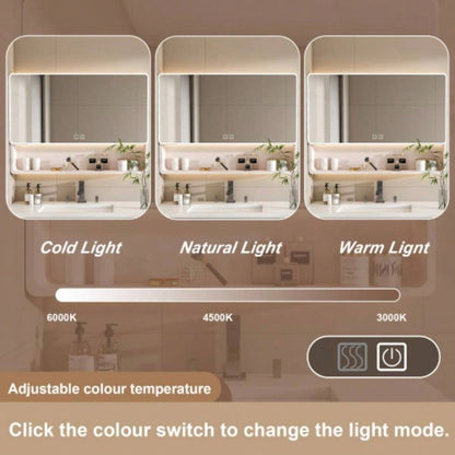 Aluminium Medicine Cabinet Mirror, 35x 28 Inches Medicine Cabinet with 3 Colors LED Light and Defogging Function, Bathroom Mirror Cabinet with Cosmetic Storage Rack and Hair Dryer Holder, khaki