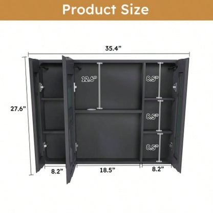 Aluminium Medicine Cabinet Mirror, 35x 28 Inches Medicine Cabinet with 3 Colors LED Light and Defogging Function, Bathroom Mirror Cabinet with Cosmetic Storage Rack and Hair Dryer Holder,