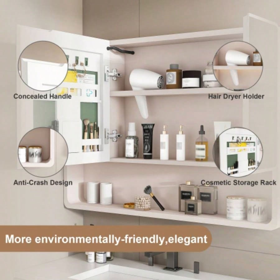 Aluminium Medicine Cabinet Mirror, 35x 28 Inches Medicine Cabinet with 3 Colors LED Light and Defogging Function, Bathroom Mirror Cabinet with Cosmetic Storage Rack and Hair Dryer Holder, khaki
