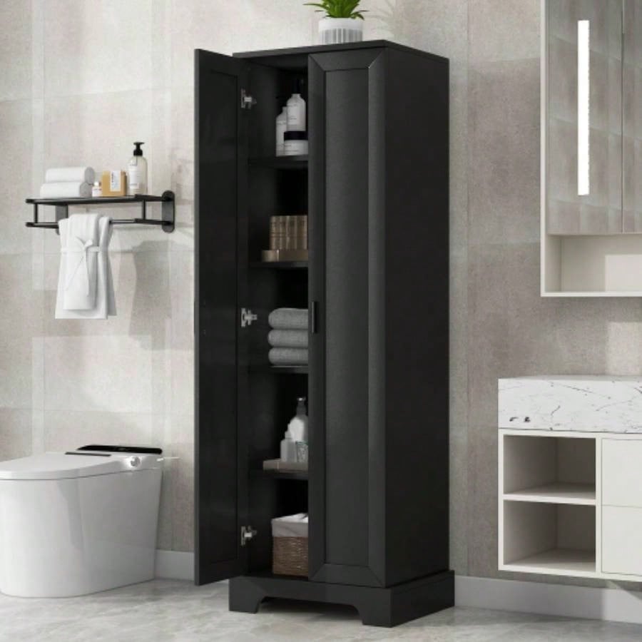 Storage Cabinet with Two Doors Bathroom, Office, Adjustable Shelf, MDF Board, Black