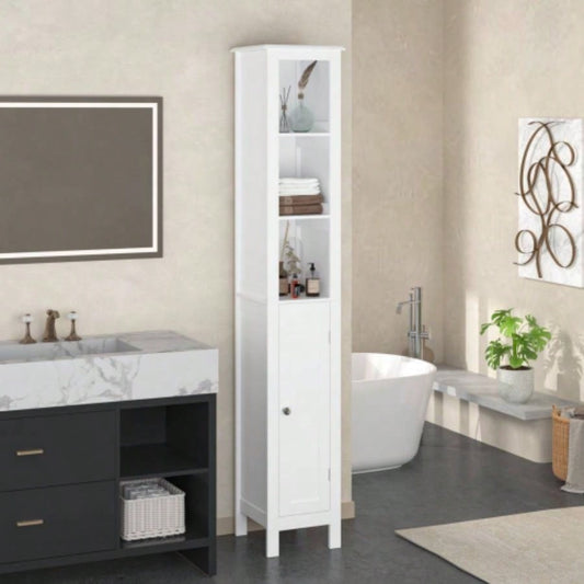 66.92 Tall Bathroom Storage Cabinet with Adjustable Shelves, Slim 1 Doors Freestanding Cabinet with Anti - Tip, Open compartments, Home, Small Spaces, Bathroom, Kitchen, Living Room, White