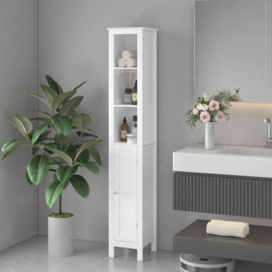 66.92 Tall Bathroom Storage Cabinet with Adjustable Shelves, Slim 1 Doors Freestanding Cabinet with Anti - Tip, Open compartments, Home, Small Spaces, Bathroom, Kitchen, Living Room, White