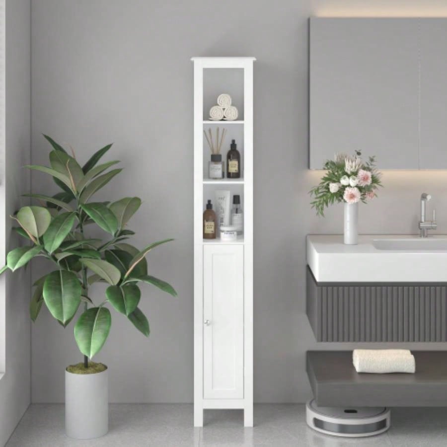 66.92 Tall Bathroom Storage Cabinet with Adjustable Shelves, Slim 1 Doors Freestanding Cabinet with Anti - Tip, Open compartments, Home, Small Spaces, Bathroom, Kitchen, Living Room, White