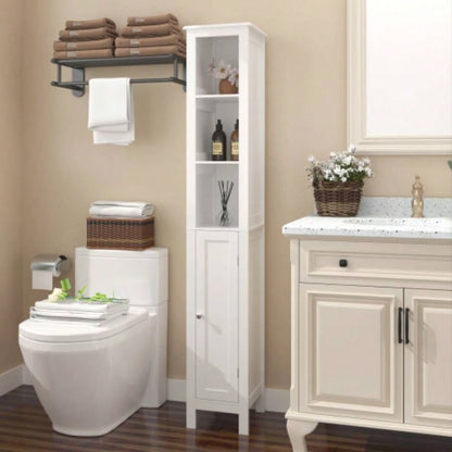 66.92 Tall Bathroom Storage Cabinet with Adjustable Shelves, Slim 1 Doors Freestanding Cabinet with Anti - Tip, Open compartments, Home, Small Spaces, Bathroom, Kitchen, Living Room, White