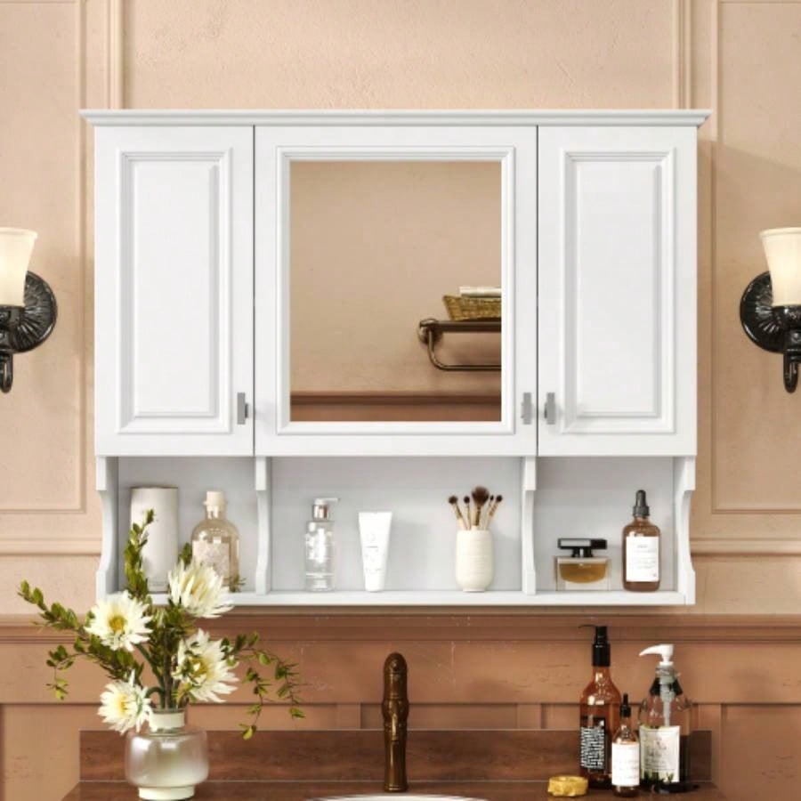 35x 28 Wall Mounted Bathroom Medicine Cabinet, Modern Bathroom Wall Cabinet with Mirror, Mirror Cabinet with Open Shelves