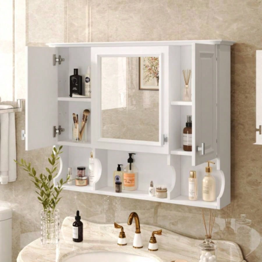 35x 28 Wall Mounted Bathroom Medicine Cabinet, Modern Bathroom Wall Cabinet with Mirror, Mirror Cabinet with Open Shelves